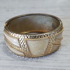Elegant Gold Tone and Creamy Pearl Colored Clamper Hinged Cuff Bracelet